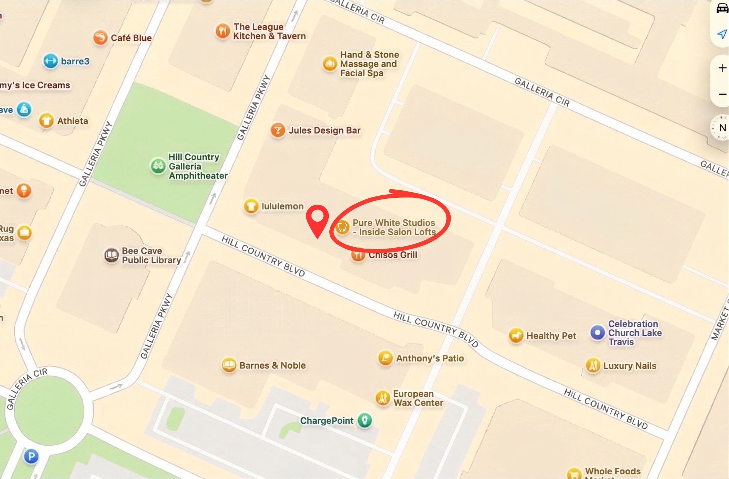 Map showing Pure White Studios location at Hill Country Galleria, Bee Cave, Austin TX