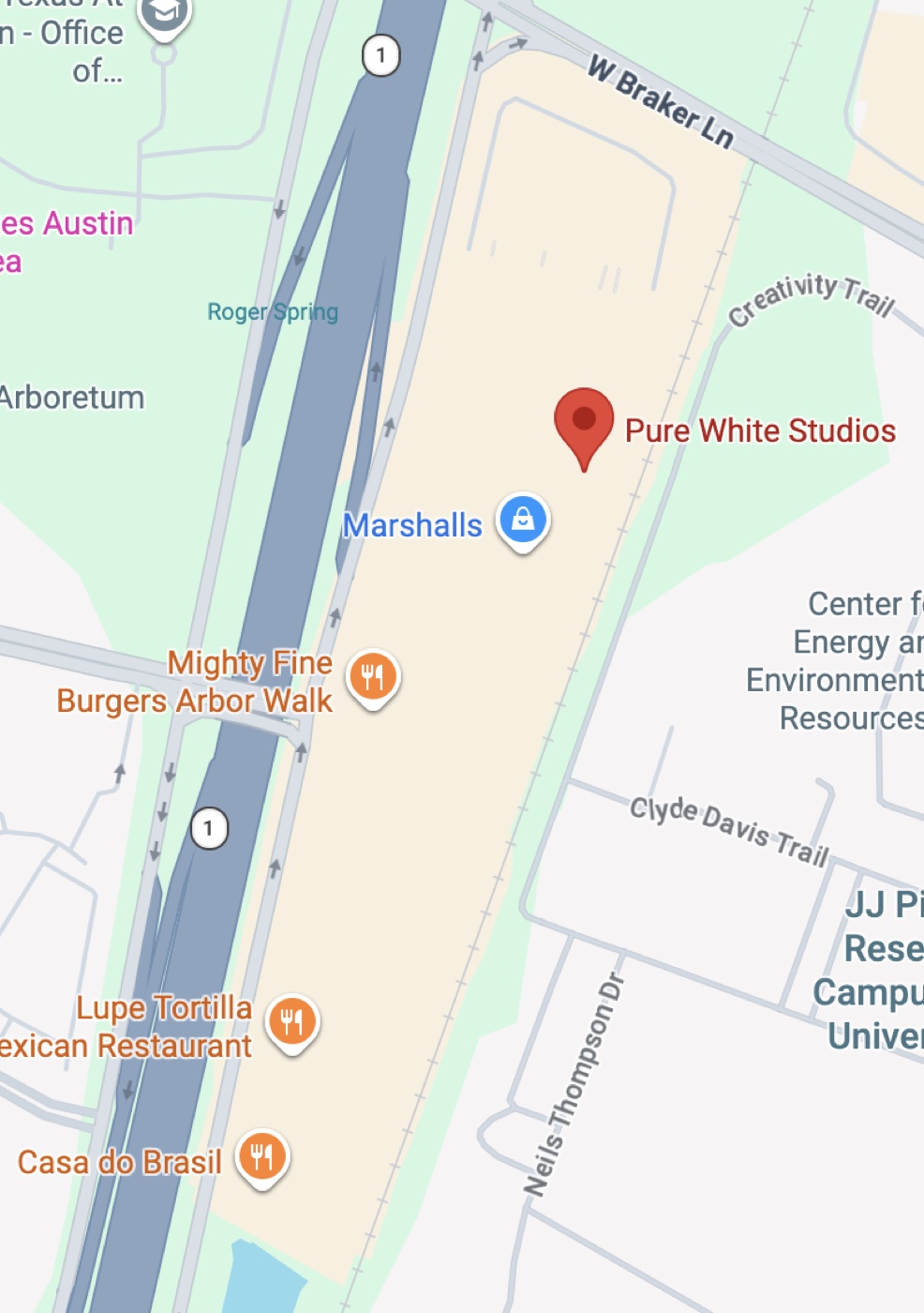 Map showing Pure White Studios at The Domain, 10515 N Mopac Expy, Austin TX